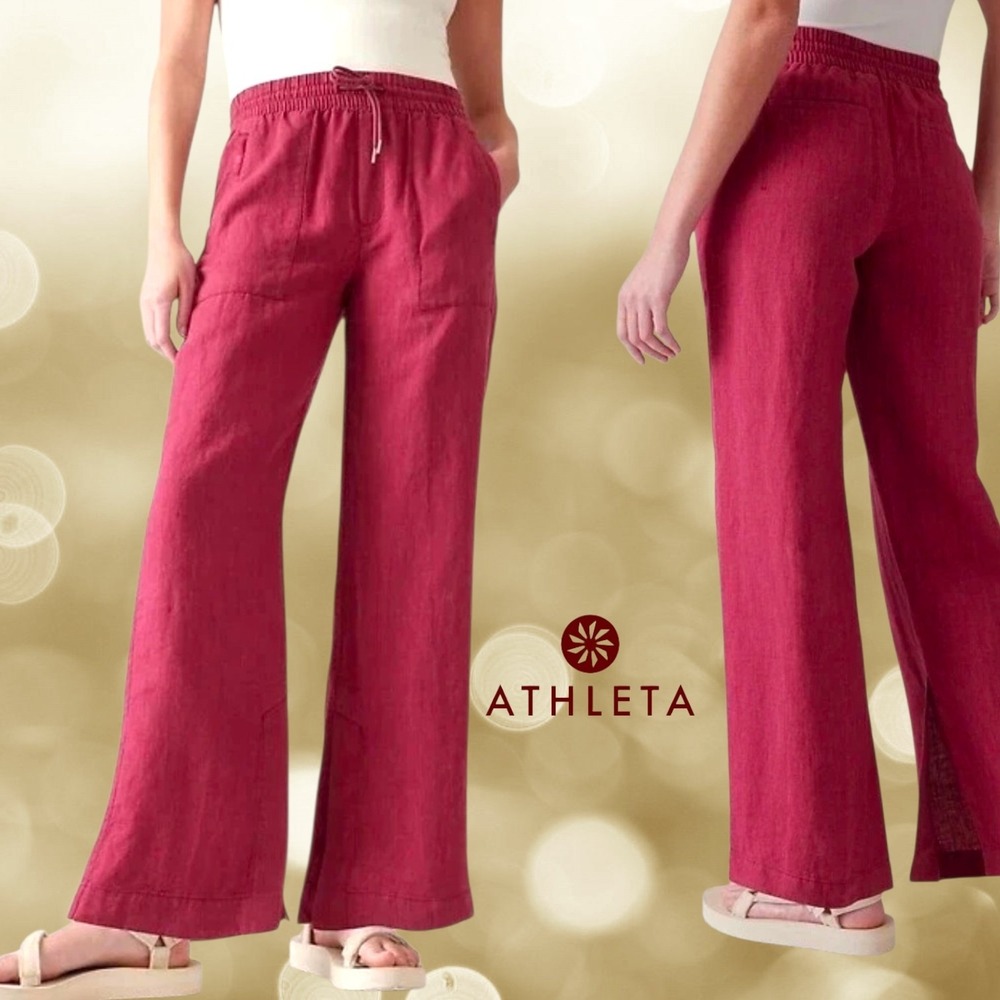 Athleta Womens Retreat Linen Wide Leg Drawstring Slit Hem Pants Coffee Berry 18